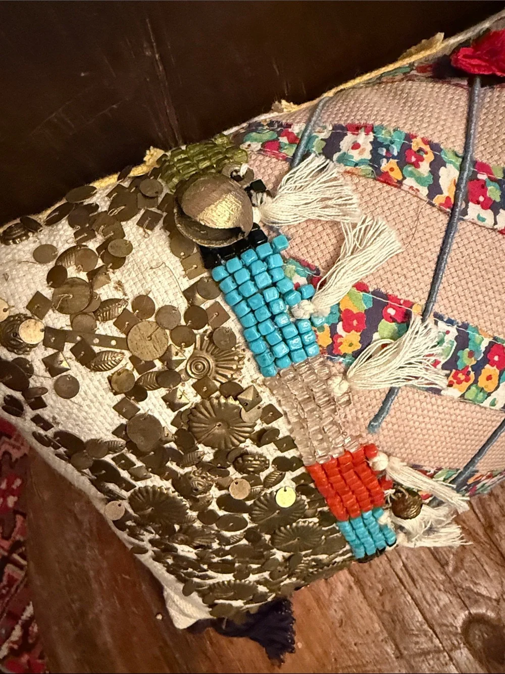 Decorative Boho Pillow with Pink, Red & Gold Accents